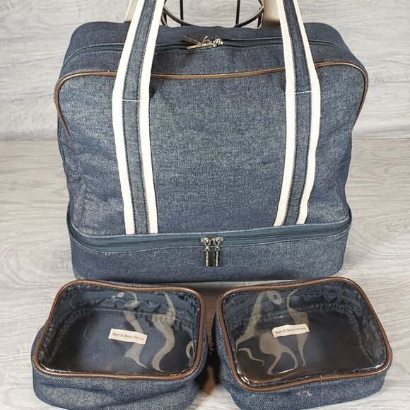 Bath And Body Works Denim Travel Shoulder Bag Tote Blue Matching Cosmetics Bags - Picture 7 of 16